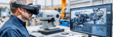 Engineer Using VR Headset for Digital Twin Visualization of a Machine in a Modern Factoryの素材