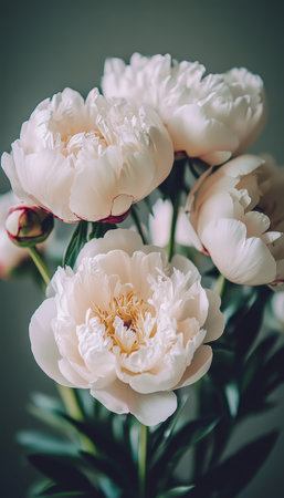 Bouquet of Elegant, Creamy White Peonies in Full Bloom With Soft, Dreamy Lighting on Dark Backgroundの素材