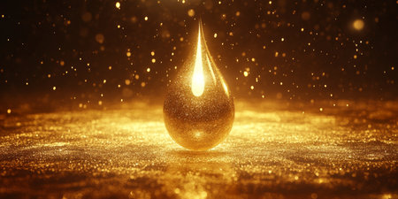 Golden Liquid Drop Closeup With Glowing Texture, Sparkly Droplet Macro Photography On Golden Surfaceの素材