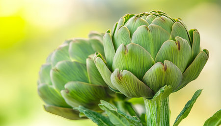 Close Up of Vibrant Green Artichoke Buds Growing in a Field, Bathed in Natural Sunlightの素材