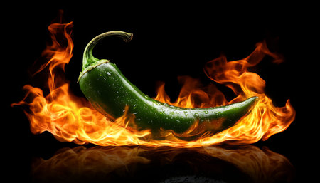 Green Chili Pepper Engulfed in Fiery Flames on a Reflective Black Background, Isolated.の素材