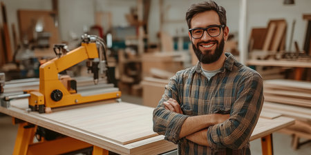 Confident Woodworker in Workshop with CNC Router Portrait of Success in Woodworking Industryの素材