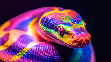 Vivid Rainbow Serpent Striking Close-Up Portrait on Black Background, Exotic Reptile Photographyの素材