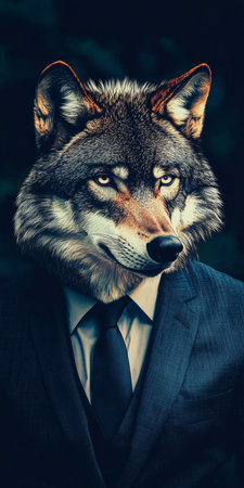 A Wolf s Demeanor Anthropomorphic Portrait, Merging Ferocious Elegance, Against a Dark Backdropの素材