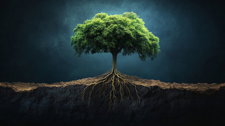 Glowing Tree With Digital Neuron Roots On A Dark Background, A Conceptual Image Of Life.の素材