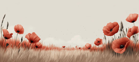 Delicate Field of Red Poppies in Pastel Light Brown Watercolor, Gentle, Airy Floral Backgroundの素材