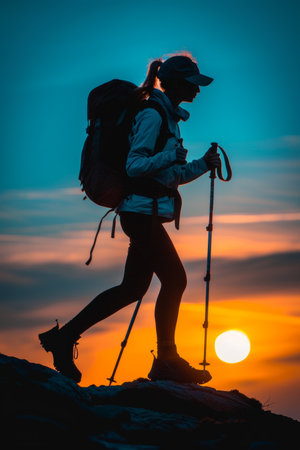 Silhouette of Woman Hiking on Mountain Ridge at Sunset, Adventure, Exploration, and Hiking Conceptsの素材