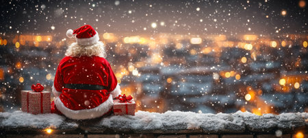 Santa Claus Sitting on a Snowy Rooftop with Gifts, City Lights Blurred in the Backgroundの素材