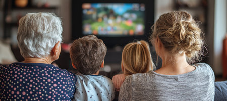 Family bonding time, generations gather to watch tv in the living room, creating memories together.の素材