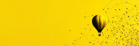 Black And Yellow Hot Air Balloon On A Yellow Background With Connecting Dots, Triangles, And Lines.の素材