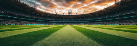 Empty Cricket Stadium, Lush Green Field Under Dramatic Sunset Sky. Perfect for Sports Themesの素材