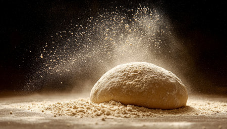 Ball of raw dough sprinkled with flour on dark background, fresh ingredients for baking.の素材