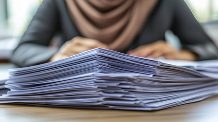 Focused Muslim Businesswoman in Hijab Reviews Documents at Office Desk, Workplace Efficiencyの素材