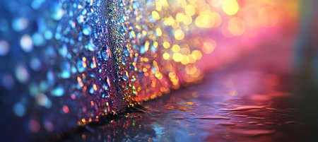 Colorful Bokeh Background, Abstract Texture With Water Drops, Reflections, And City Lightsの素材