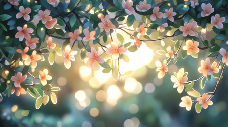 Delicate Floral Branches, Creamy Yellow and Apricot Watercolor Background, Soft Lightの素材