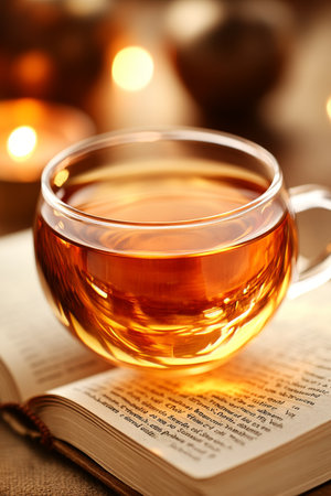 Steaming Cup of Tea with Open Book, Creating a Cozy Atmosphere for Reading and Relaxation.の素材