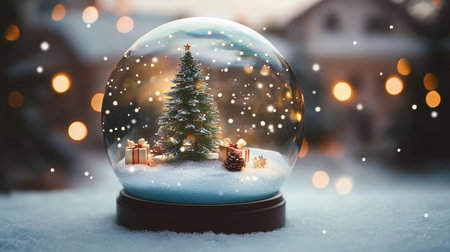 Magical Christmas Snow Globe Miniature Tree, Presents, and Falling Snow in a Festive Settingの素材