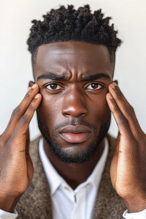 Stressed Businessman with Headache, Feeling Overwhelmed and Exhausted in Office Settingの素材