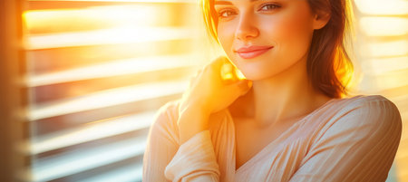 Portrait of Beautiful Smiling Woman with Natural Light from Blinds, Serene and Peaceful Expressionの素材