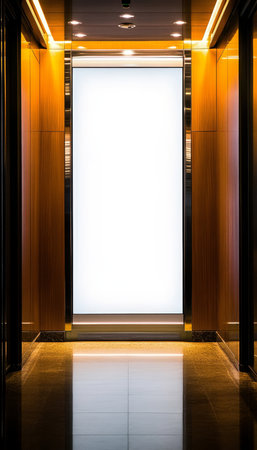 Empty Digital Signage Screen, Modern Lobby Interior, Lightbox, Wood Paneling, Contemporary Designの素材