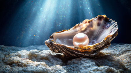Elegant Treasure A Single, Luminous Pearl Rests in an Open Oyster Shell on the Sandy Seabedの素材