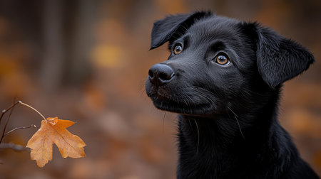 Curious Black Labrador Puppy Explores Autumnal Wonderland A Captivating Close-up Portraitの素材