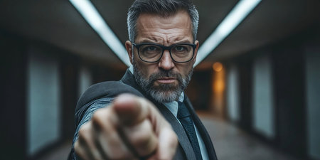 Serious Businessman Pointing Finger, Corporate Portrait, Indoor Workplace, Shallow Depth of Fieldの素材