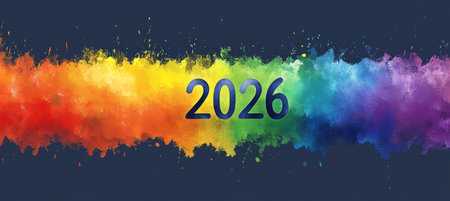 Vibrant Paint Splatter Explosion with 2026, Colors Background, Artistic Design Illustrationの素材