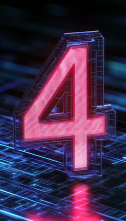 Glowing 3D Number Four On Abstract Background, Technology And Digital Concepts Designの素材
