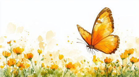 Gentle Watercolor Butterfly on Muted Orange Background, Meadow Flowers, Minimalist Summer Designの素材