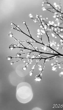 Elegant Nature Black and White Branch With Water Drops, Soft Bokeh, Minimalist Background, 2026の素材