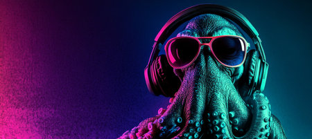 Dj Octopus With Colorful Neon Colors Wearing Cool Sunglasses And Elegant Cool Black Headphonesの素材
