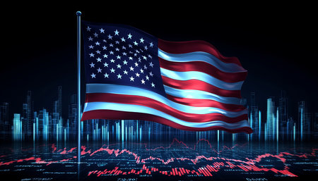 American Flag Waving Over City Skyline with Financial Market Data Overlay, Digital Artの素材