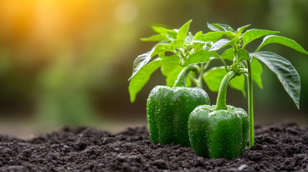 Green Bell Peppers Growing in Garden with Morning Sunlight, Close Up View. Fresh Organic Vegetablesの素材