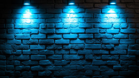 Illuminated Empty Grunge Brick Wall With Three Blue Spotlights, Background Texture For Designの素材