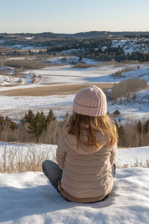 Woman in Pink Coat Enjoying a Peaceful Winter Wonderland View of a Serene, Snowy Landscapeの素材