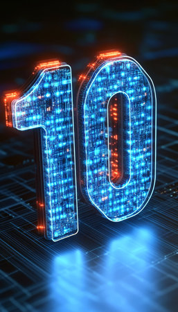 Glowing blue and red digital 3D number 10 on abstract technology background. Design for digital age.の素材