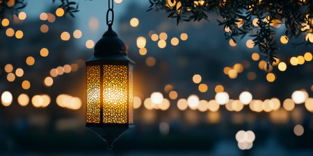 Ramadan Lantern with Bokeh Lights, A Symbol of Peace and Reflection During the Holy Monthの素材