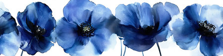 Five Gentle Blue Watercolor Poppy Flowers, Romantic Shading Illustration on White Backgroundの素材