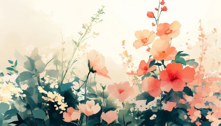 Watercolor Floral Background, Soft Peach, Cream, Delicate Wildflower Garden Scene, Subtle Textureの素材