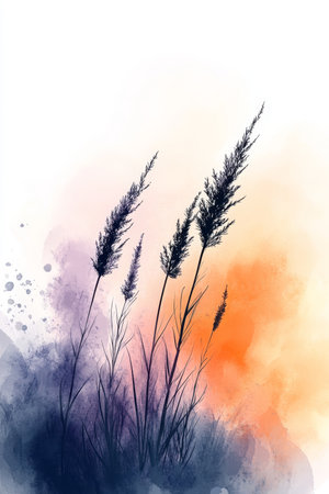 Watercolor Wild Grasses at Sunset, Abstract Floral Painting with Gentle Color Paletteの素材