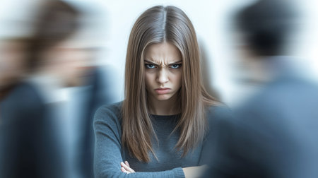 Frustrated Young Woman In Professional Setting, Feeling Isolated And Judged, Stress At Workの素材