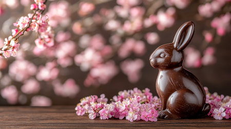 Chocolate Easter bunny on a wood table, spring blossom branches, festive Easter decorationの素材