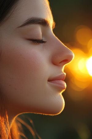 Serene Woman s Profile, Golden Sunset Glow, Soft Background, Detailed Skin, Natural Beautyの素材
