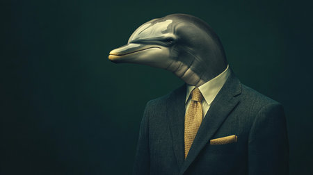Sophisticated Dolphin in a Suit, Elegant Anthropomorphic Portrait on a Dark Backgroundの素材