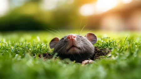 Curious Black Rat Emerges from Hole, Exploring the Lush Green Grass Wildlife Encounterの素材