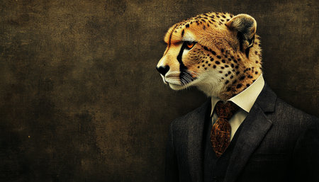 Cheetah in Profile, Merging with Business Suit, Animal Human Hybrid Concept on Dark Backgroundの素材