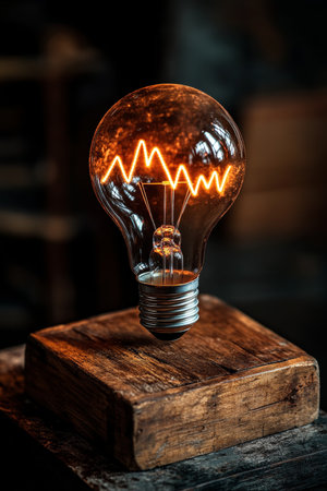 Vintage Light Bulb with Glowing Filament on Rustic Wood Base, Concept for Innovation and Ideasの素材