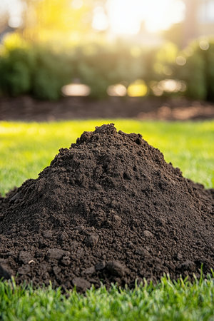 Pile of Freshly Dug Dirt on Lush Green Grass Ready for Planting, Gardening, and Landscapingの素材