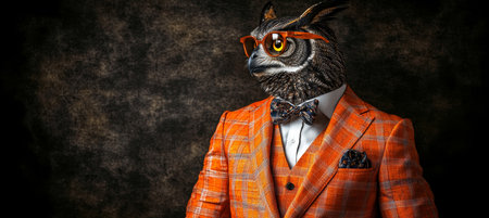 Stylish Owl in Orange Suit With a Orange Sunglasses , Fashion Illustration on Textured Backgroundの素材